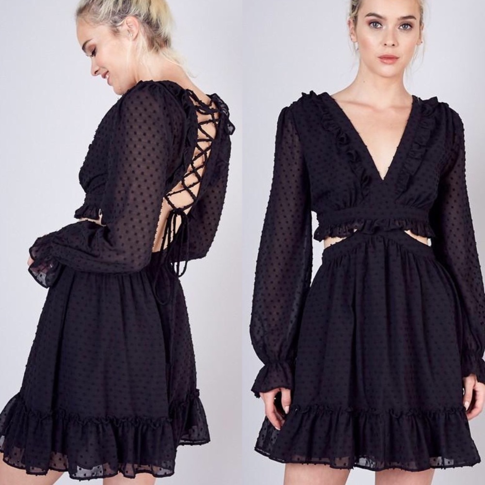Black Swiss Dot Waist Cutout Lace-Up Back Dress